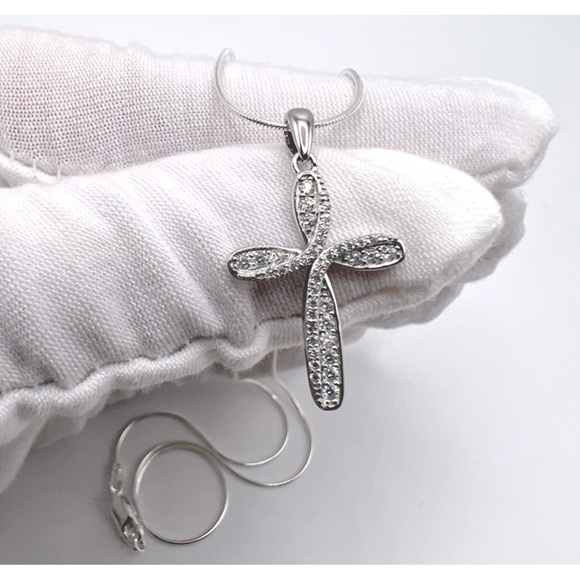 .925 Sterling Silver Cross Clear CZ Necklace - Picture 1 of 17